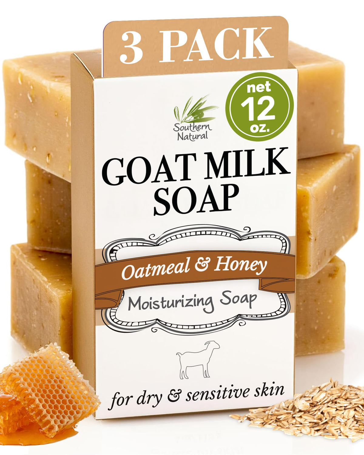 Southern Natural Oatmeal Soap Bar 3-Pack packaging shown for gifting and daily use.