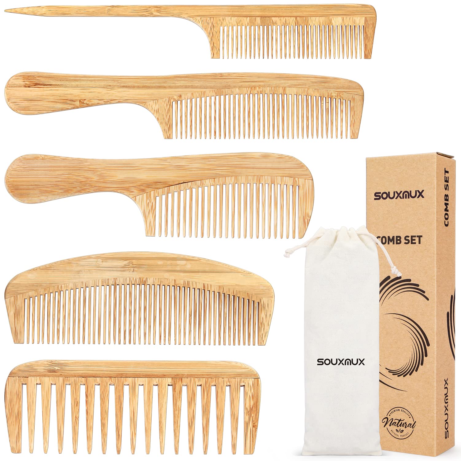 SouxMux bamboo comb set wide-tooth close-up highlighting smooth rounded teeth for gentle detangling.