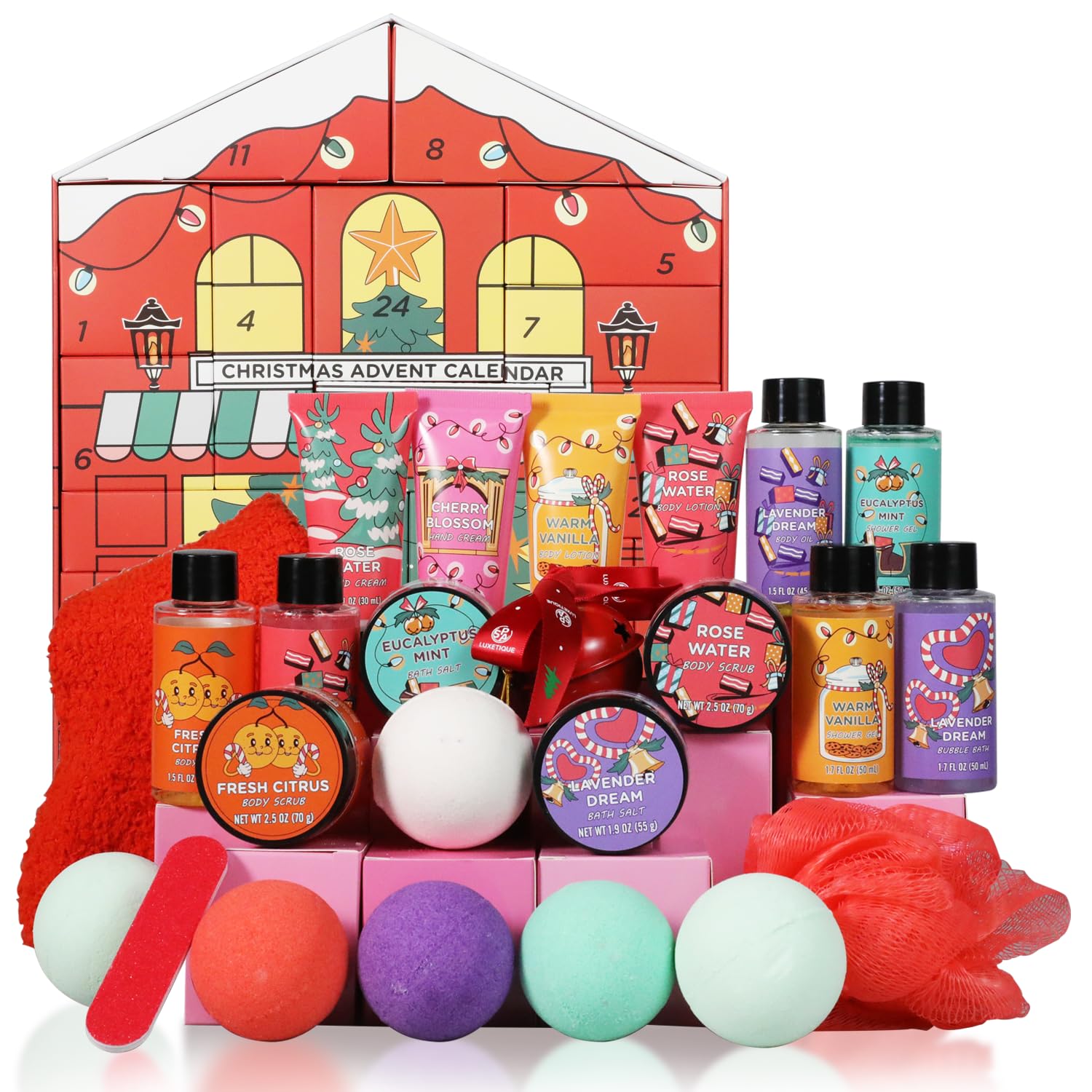 Spa Luxetique Advent Calendar 2025 shower gels show festive scents for daily pampering.