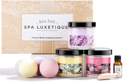 Spa Luxetique bath salts gift set lavender close-up for a relaxing spa-like soak