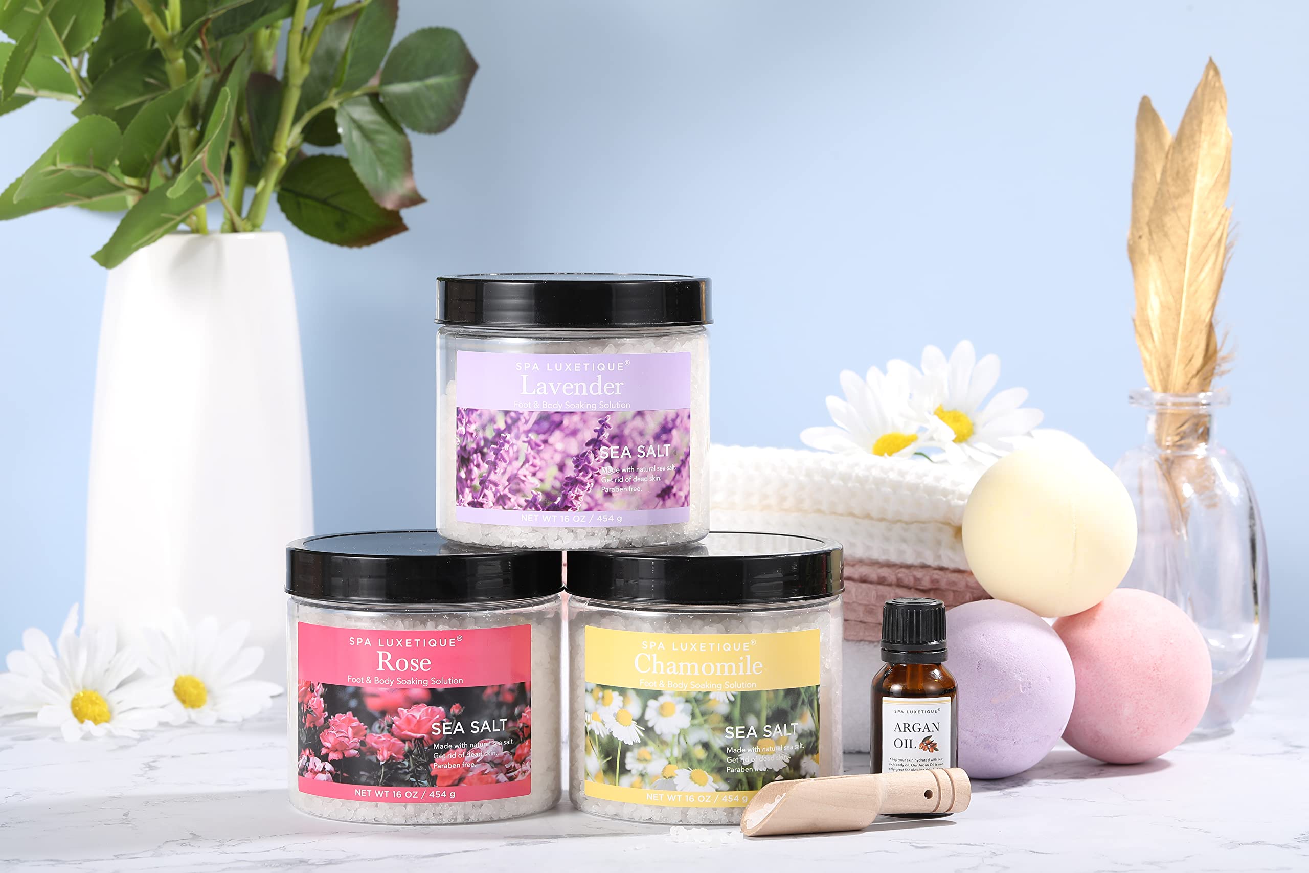 Spa Luxetique bath salts gift set rose close-up for an uplifting floral bath