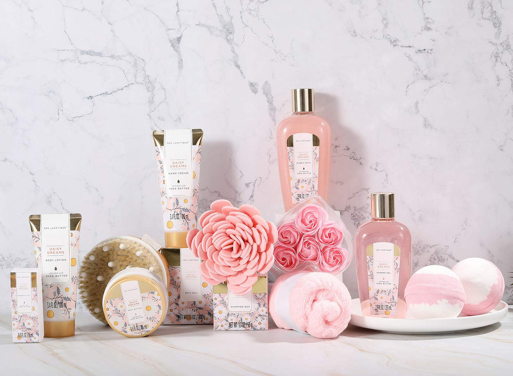 Spa Luxetique Daisy Dream bath collection shot celebrating a cohesive spa set