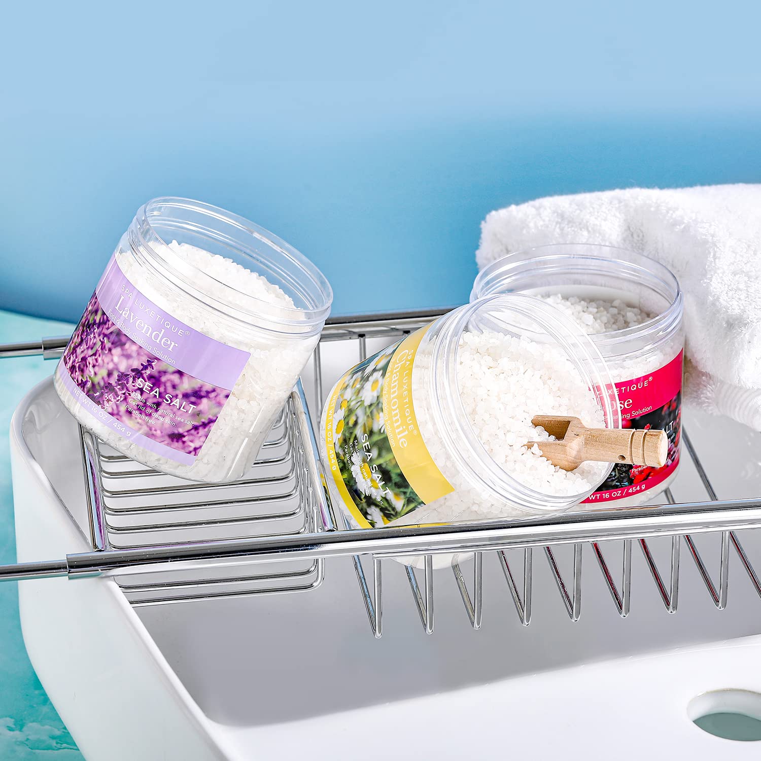Spa Luxetique epsom salts jar ready for mineral-rich soak sessions