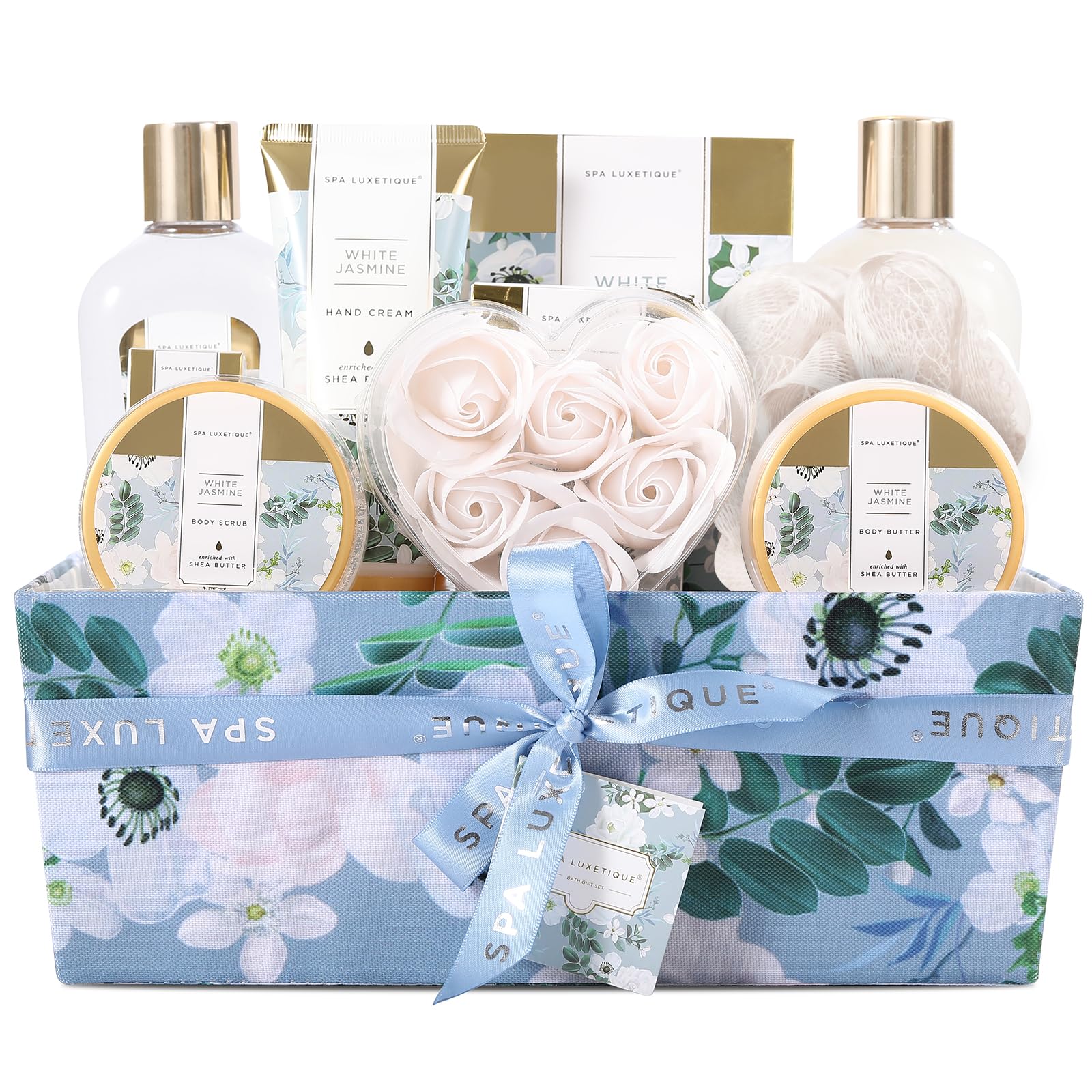 Spa Luxetique Gift Basket Box showcases a complete home spa experience ideal for gifting.