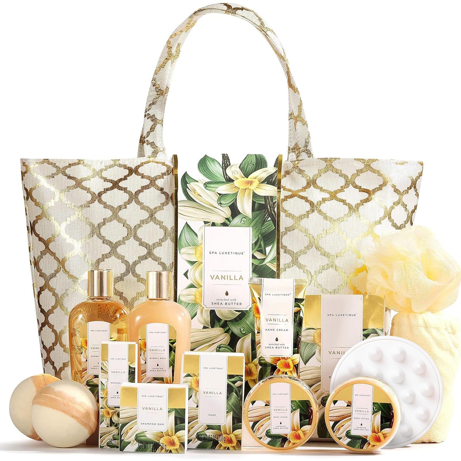 Spa Luxetique gift basket for women with vanilla collection provides a soothing at-home spa ritual.