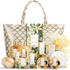 Spa Luxetique gift basket for women with vanilla collection provides a soothing at-home spa ritual.