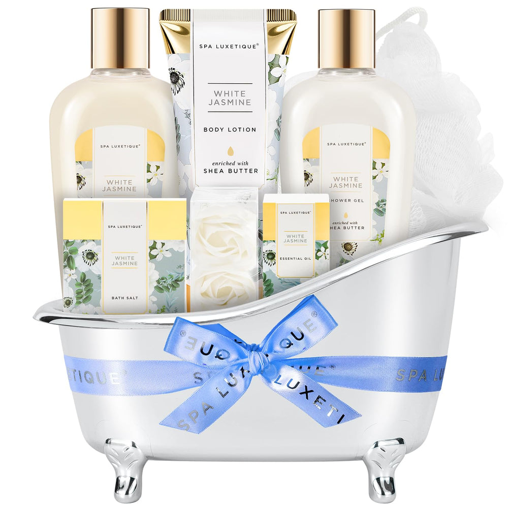 Spa Luxetique Gift-wrapped Jasmine set packaging ready for Mother's Day