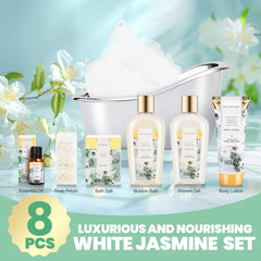 Spa Luxetique Jasmine bubble bath bottle close-up for relaxing routine