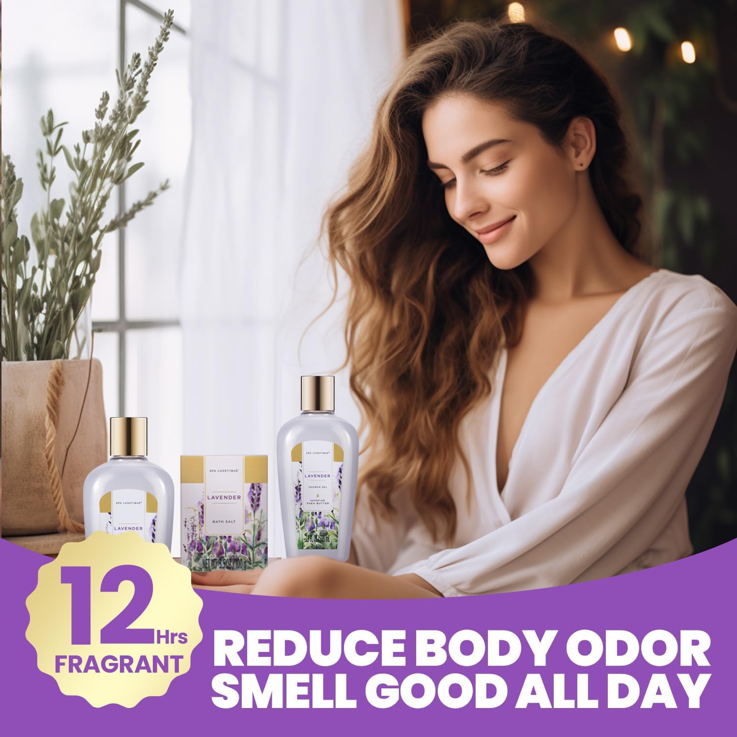 Spa Luxetique lavender body lotion bottle showcasing nourishing moisture for skin.