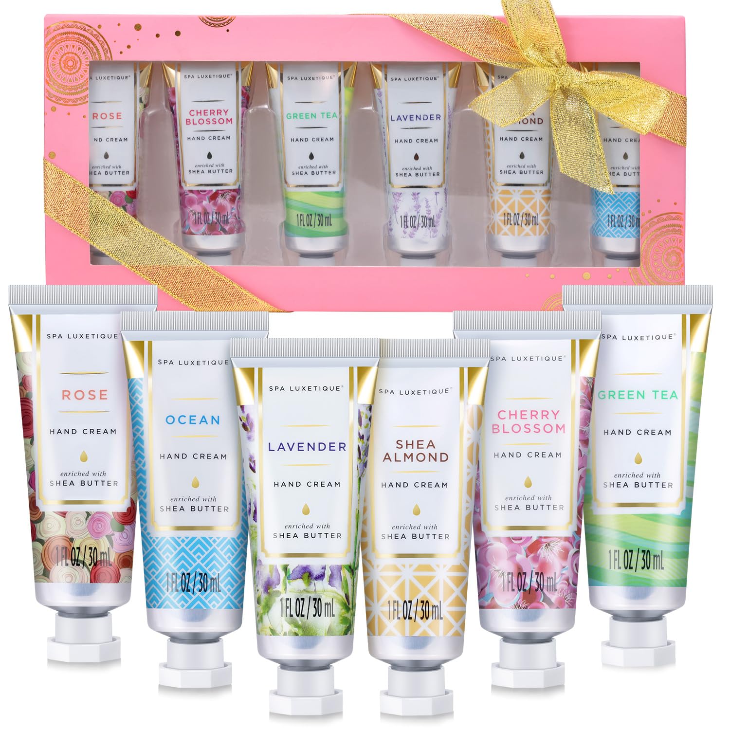 Spa Luxetique travel-size hand cream set packaging shown as a gift-ready box for on-the-go care.