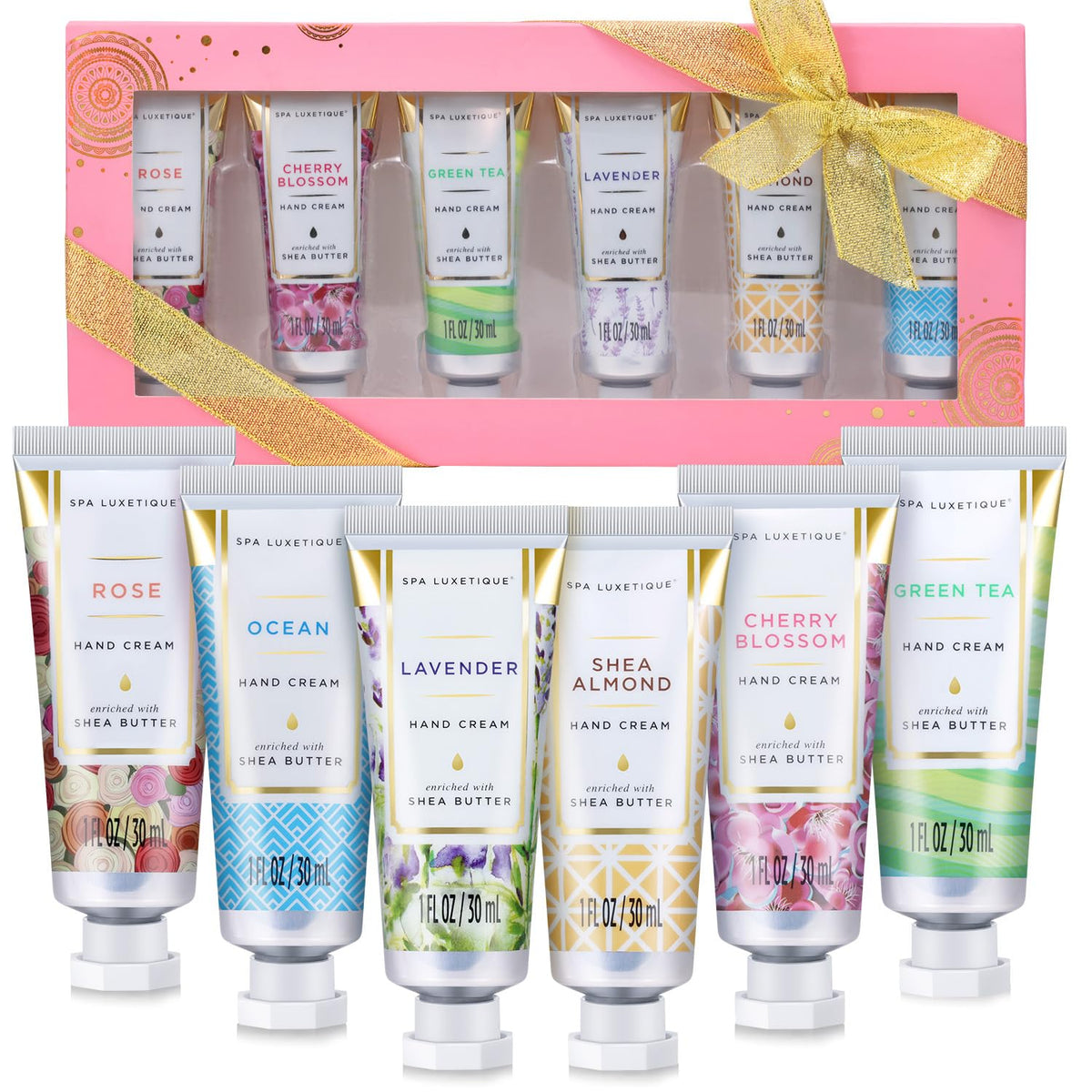 Spa Luxetique travel-size hand cream set packaging shown as a gift-ready box for on-the-go care.