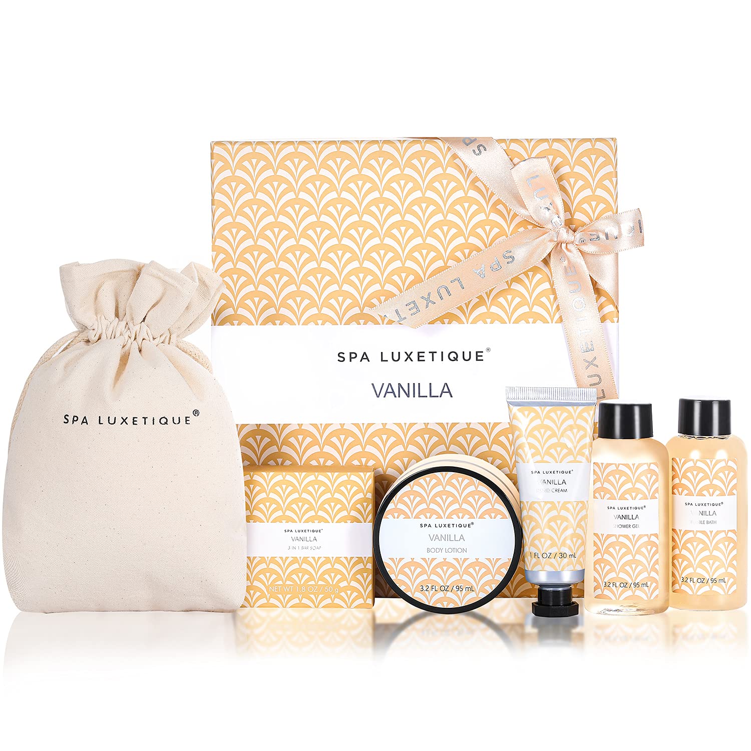Spa Luxetique vanilla bath set overview showcasing luxurious products and packaging.