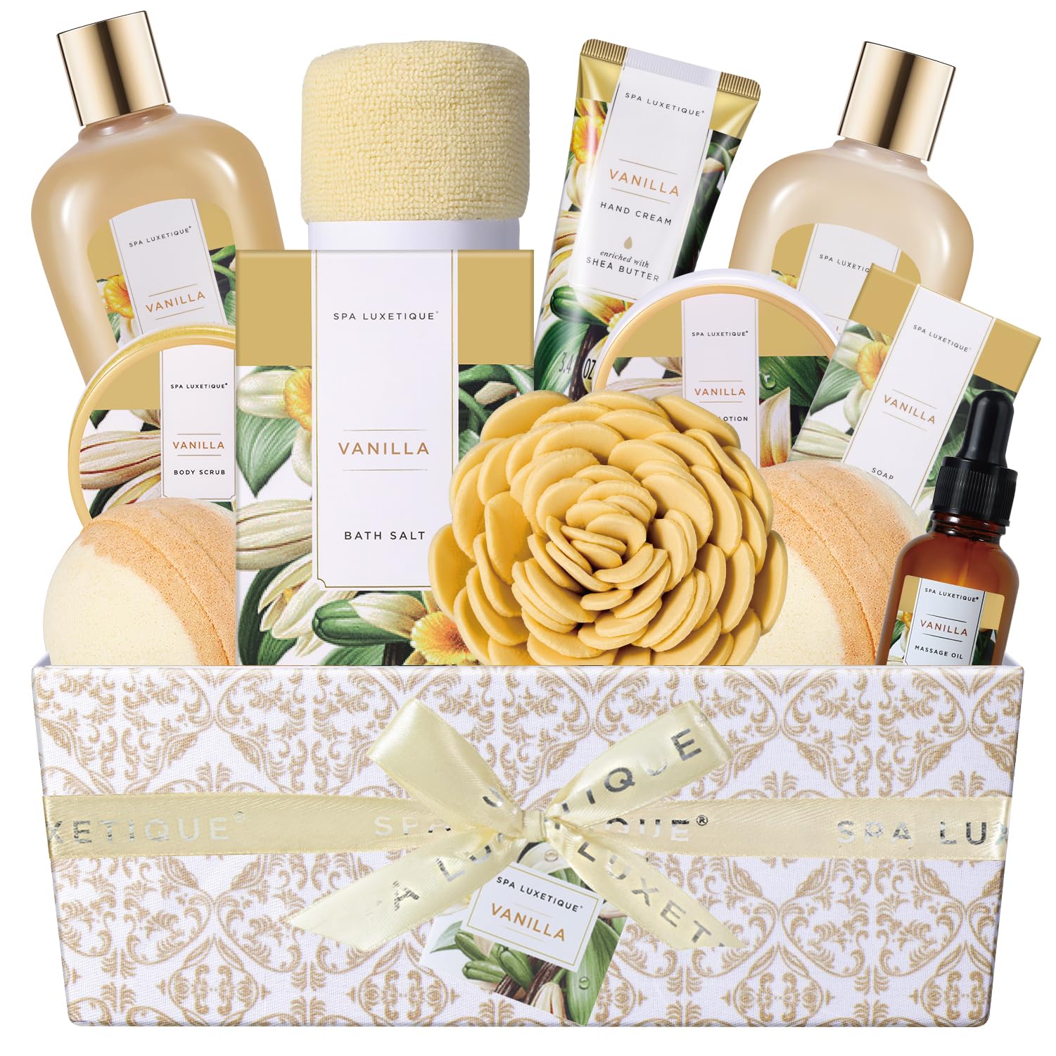 Spa Luxetique vanilla bath set packaging highlights gift-ready presentation for special occasions.