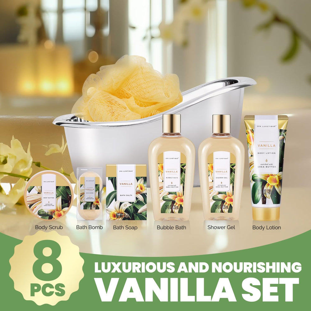 Spa Luxetique vanilla shower gel bottle, moisturizing cleanse for silky skin