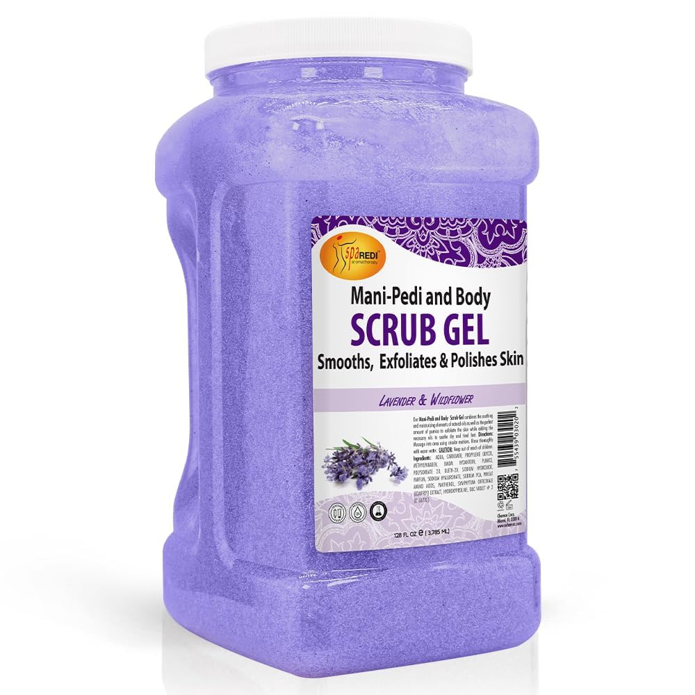 SPA REDI exfoliating scrub bottle with pumice gel in lavender and wildflower for smoother skin