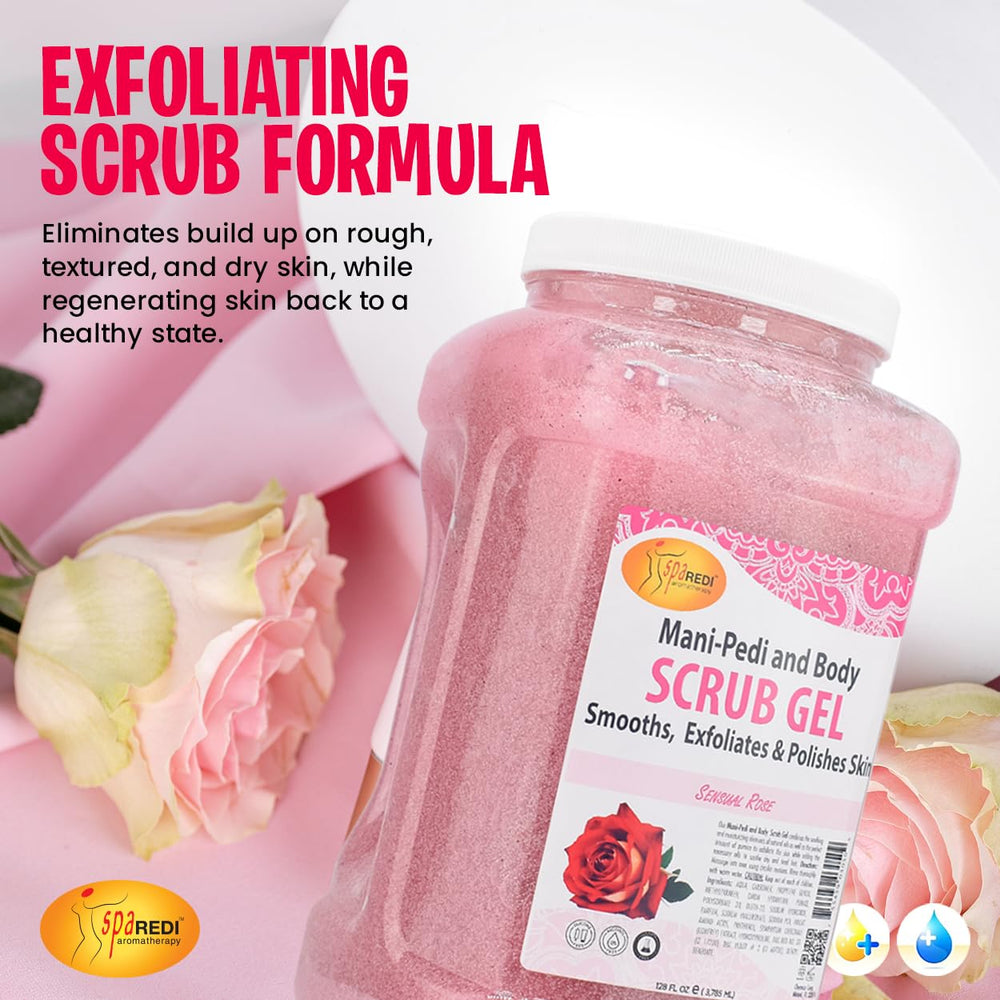 SPA REDI Sensual Rose Pumice Scrub Gel application in hand scene highlights nourishing minerals.