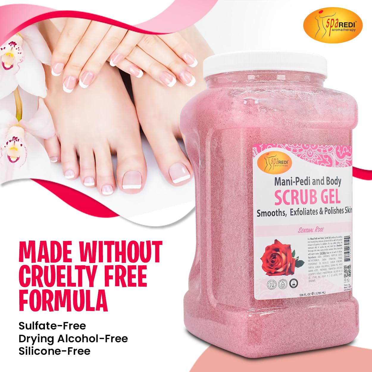 SPA REDI Sensual Rose Pumice Scrub Gel in bath setup implies spa-like self-care.