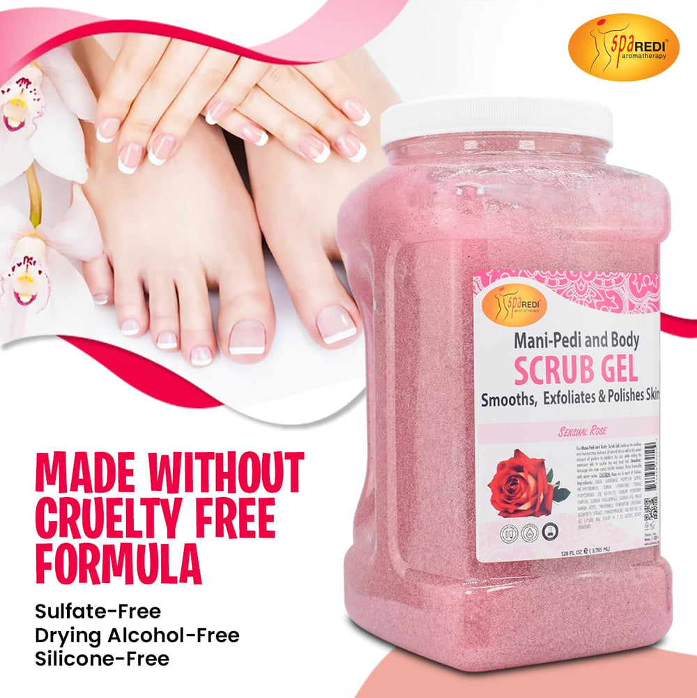 SPA REDI Sensual Rose Pumice Scrub Gel in bath setup implies spa-like self-care.