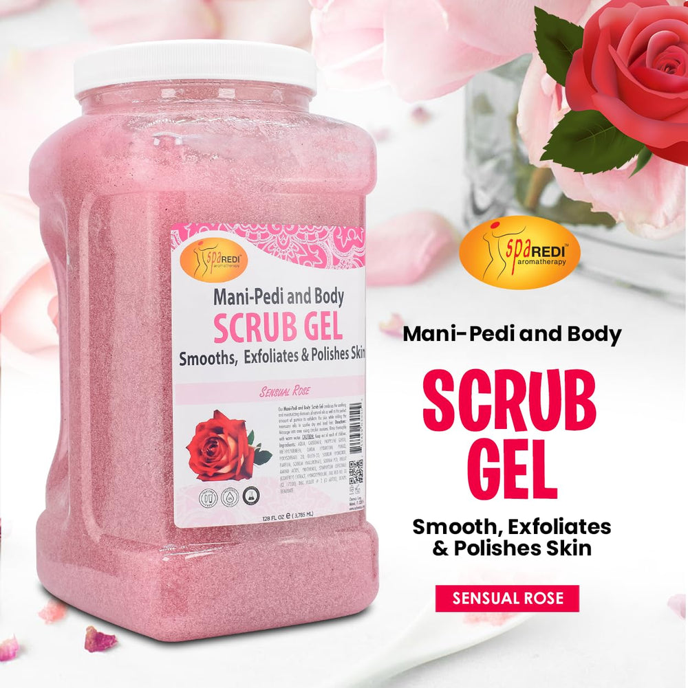 SPA REDI Sensual Rose Pumice Scrub Gel gallon label highlights USA-made formula for quality skincare.
