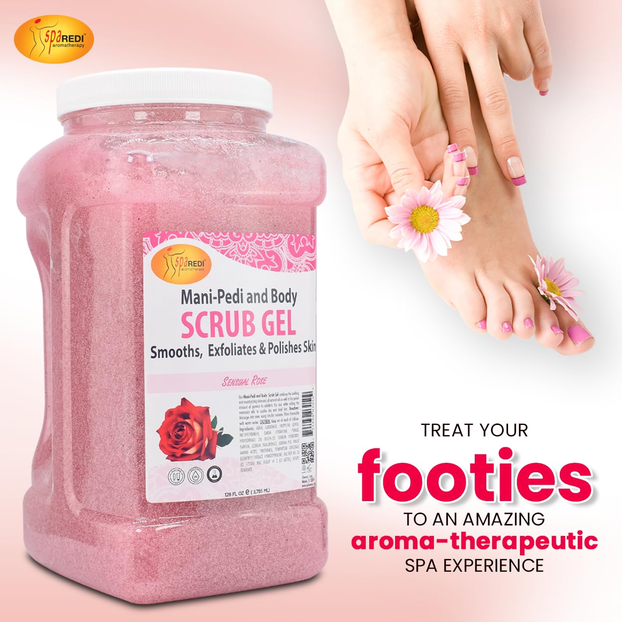 SPA REDI Sensual Rose Pumice Scrub Gel with hyaluronic acid visual suggests deep hydration during exfoliation.