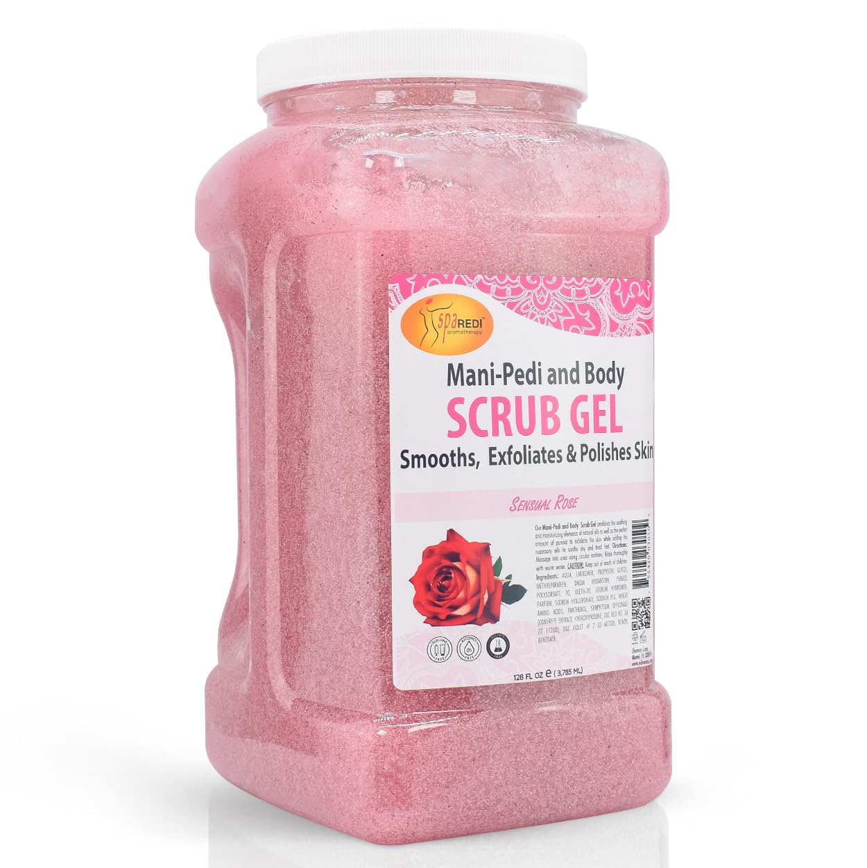 SPA REDI Sensual Rose Pumice Scrub Gel jar closeup shows exfoliating texture for smooth skin.