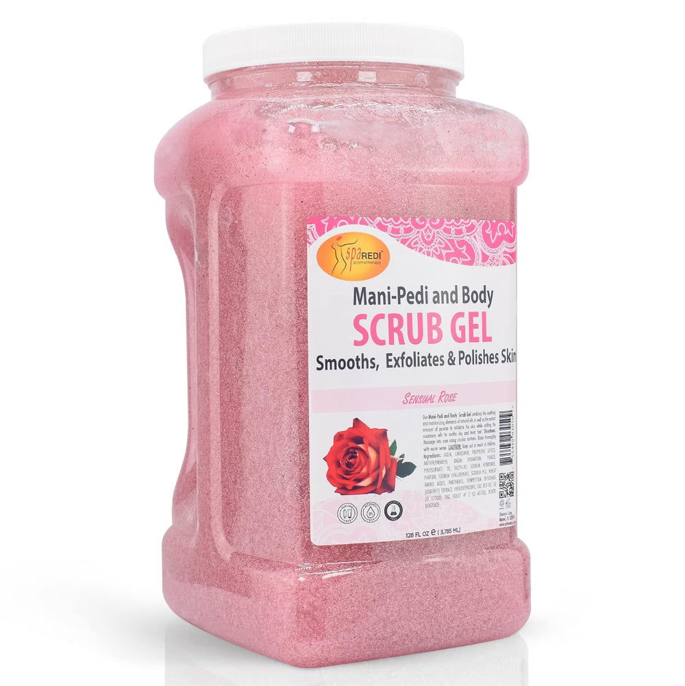 SPA REDI Sensual Rose Pumice Scrub Gel jar closeup shows exfoliating texture for smooth skin.