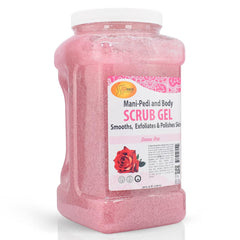 SPA REDI Sensual Rose Pumice Scrub Gel jar closeup shows exfoliating texture for smooth skin.