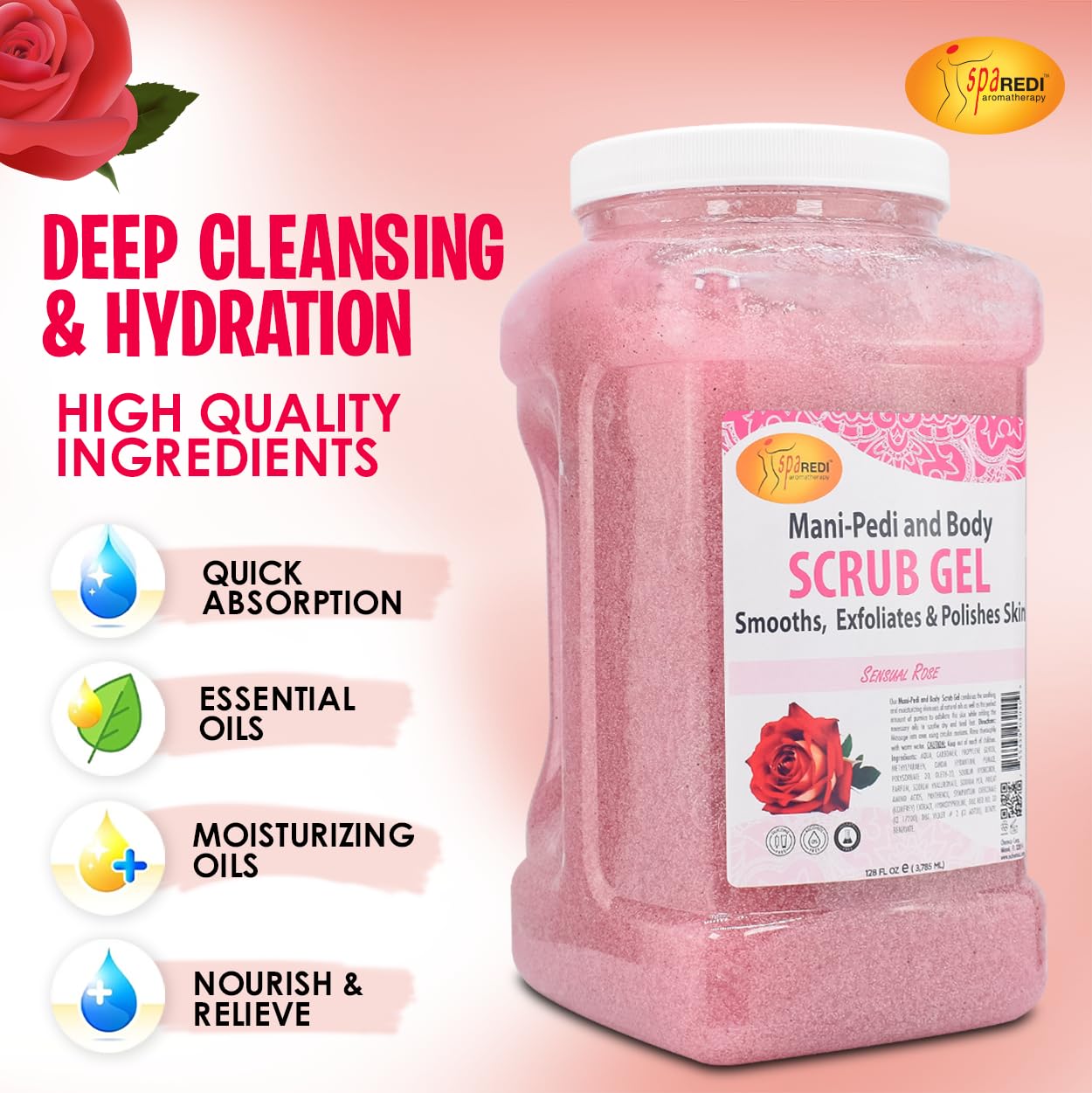 SPA REDI Sensual Rose Pumice Scrub Gel rose scent visuals evoke relaxing aromatherapy experience.