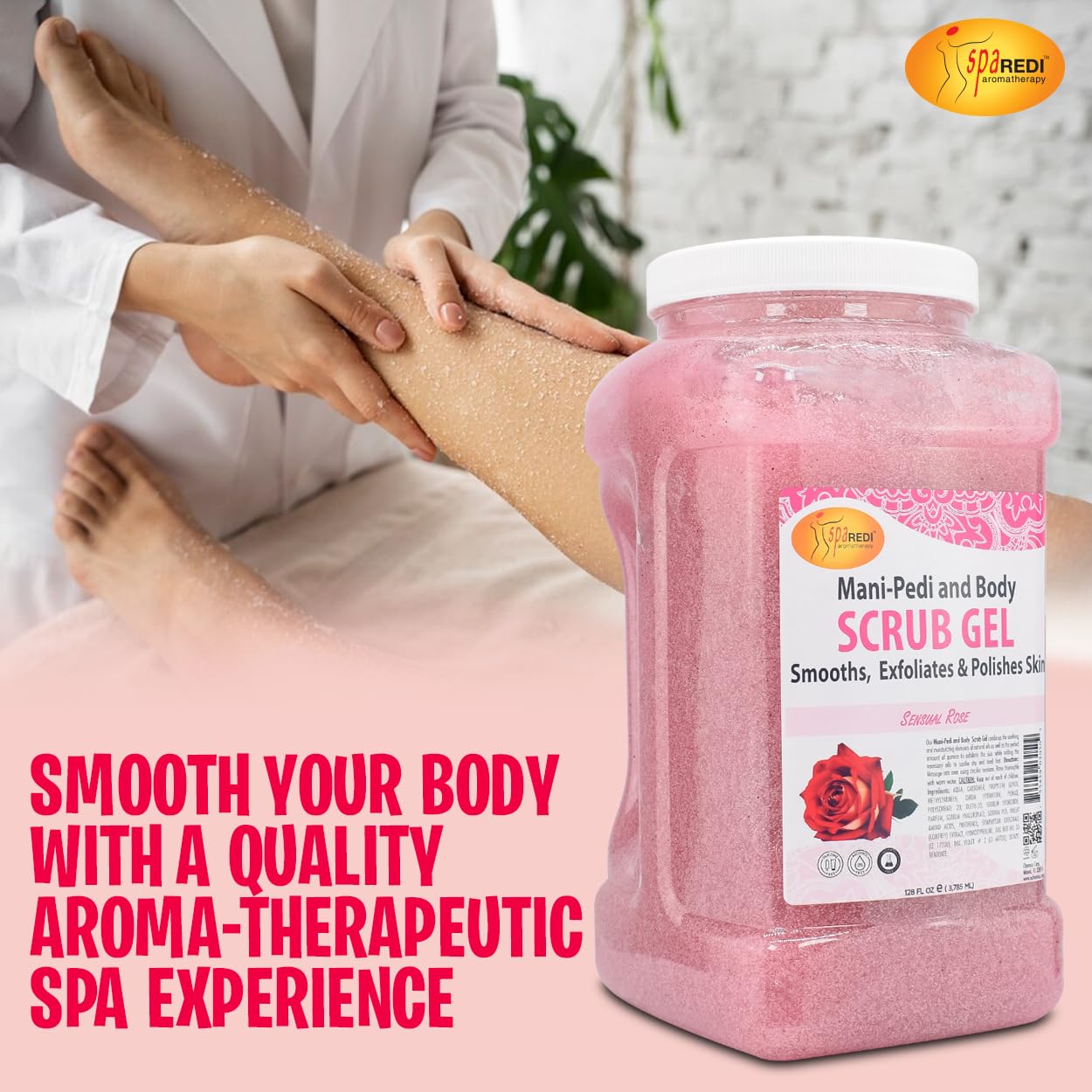 SPA REDI Sensual Rose Pumice Scrub Gel texture swatch demonstrates gentle scrub for dry skin.