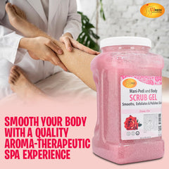SPA REDI Sensual Rose Pumice Scrub Gel texture swatch demonstrates gentle scrub for dry skin.