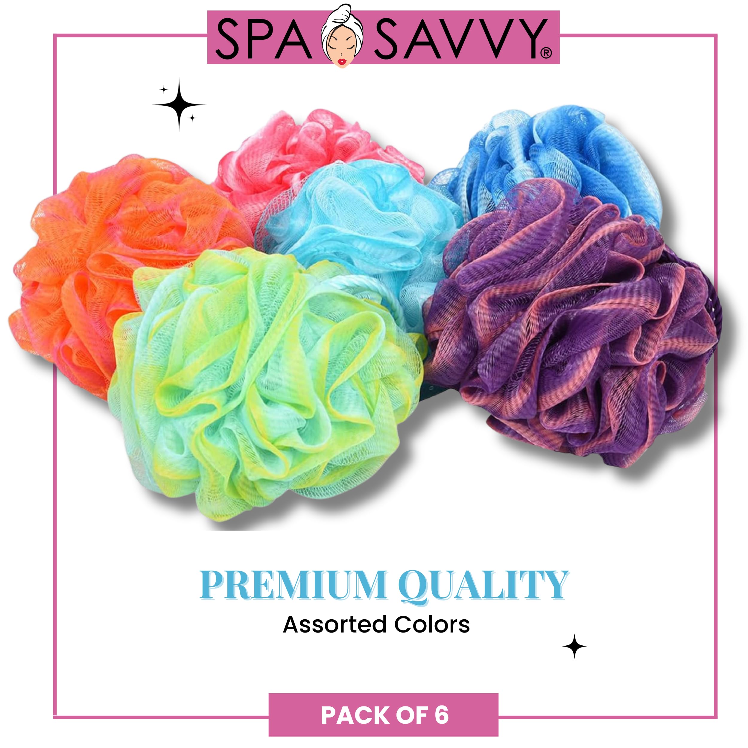 Spa Savvy loofah with suction cups for quick drying and convenient storage.
