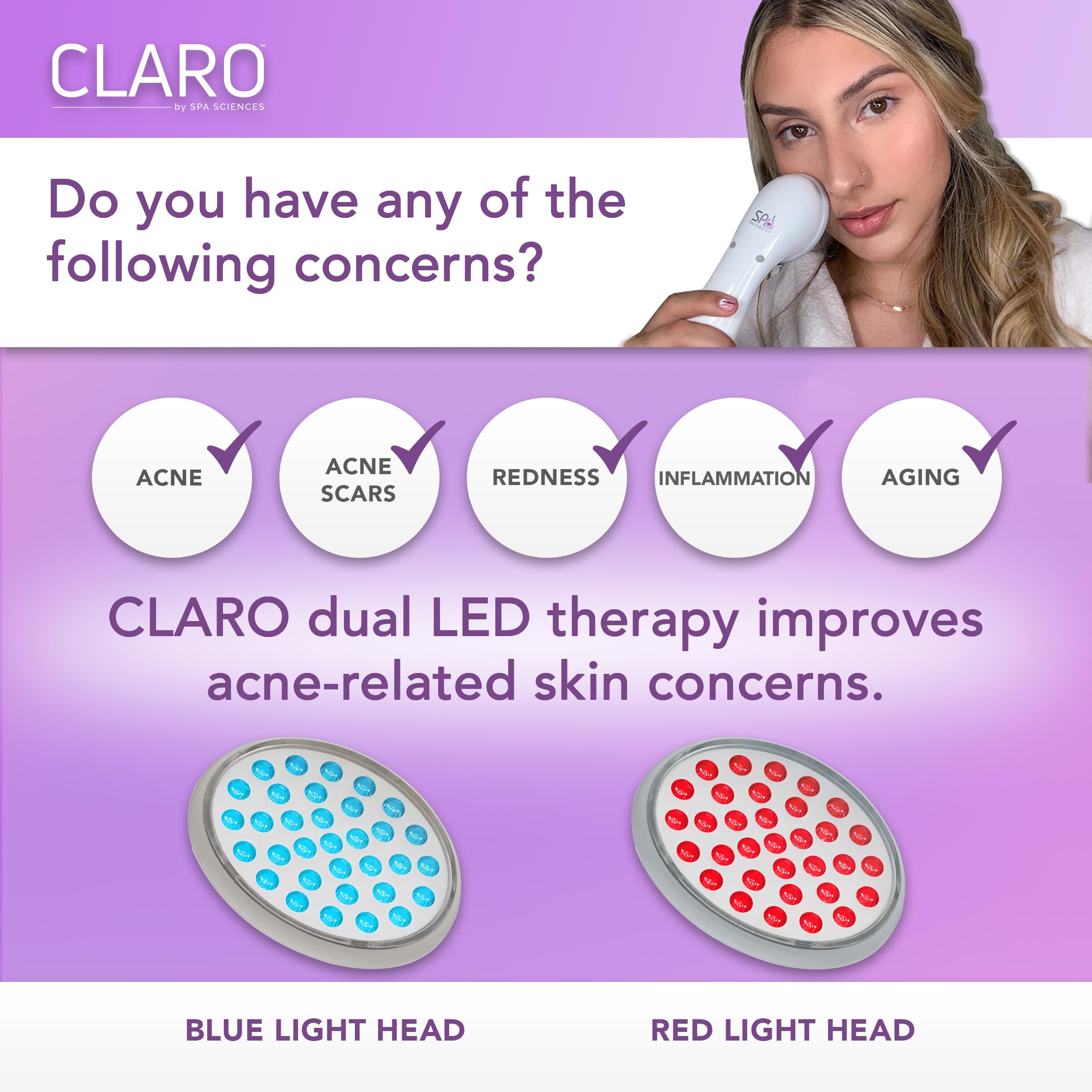 Spa Sciences CLARO blue LED close-up illustrating targeted, gentle light for blemish treatment.