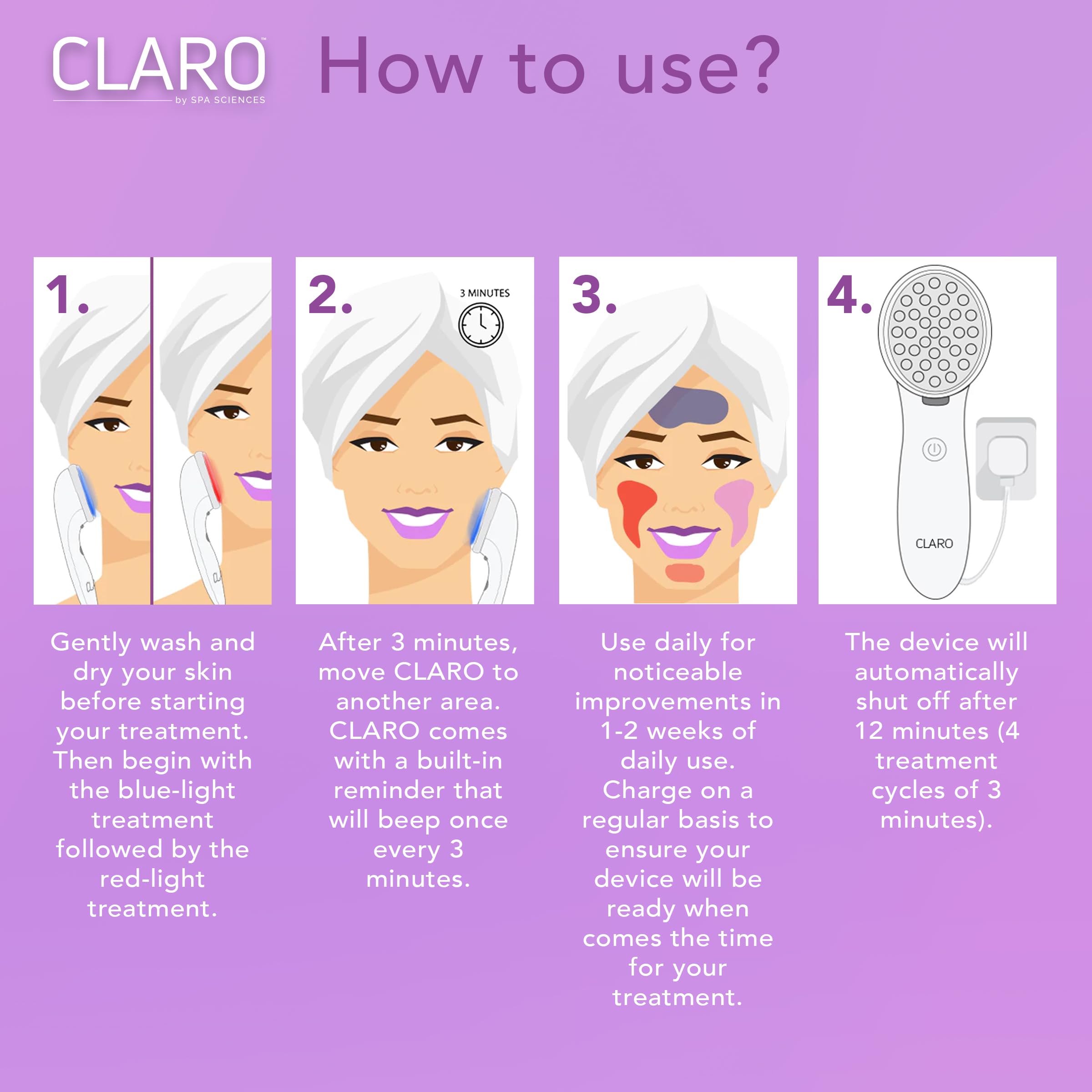 Spa Sciences CLARO daily-use image suggests a simple at-home routine for consistency.