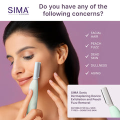 SPA SCIENCES SIMA dermaplaning tool exfoliation action shows peach fuzz removal in real time.