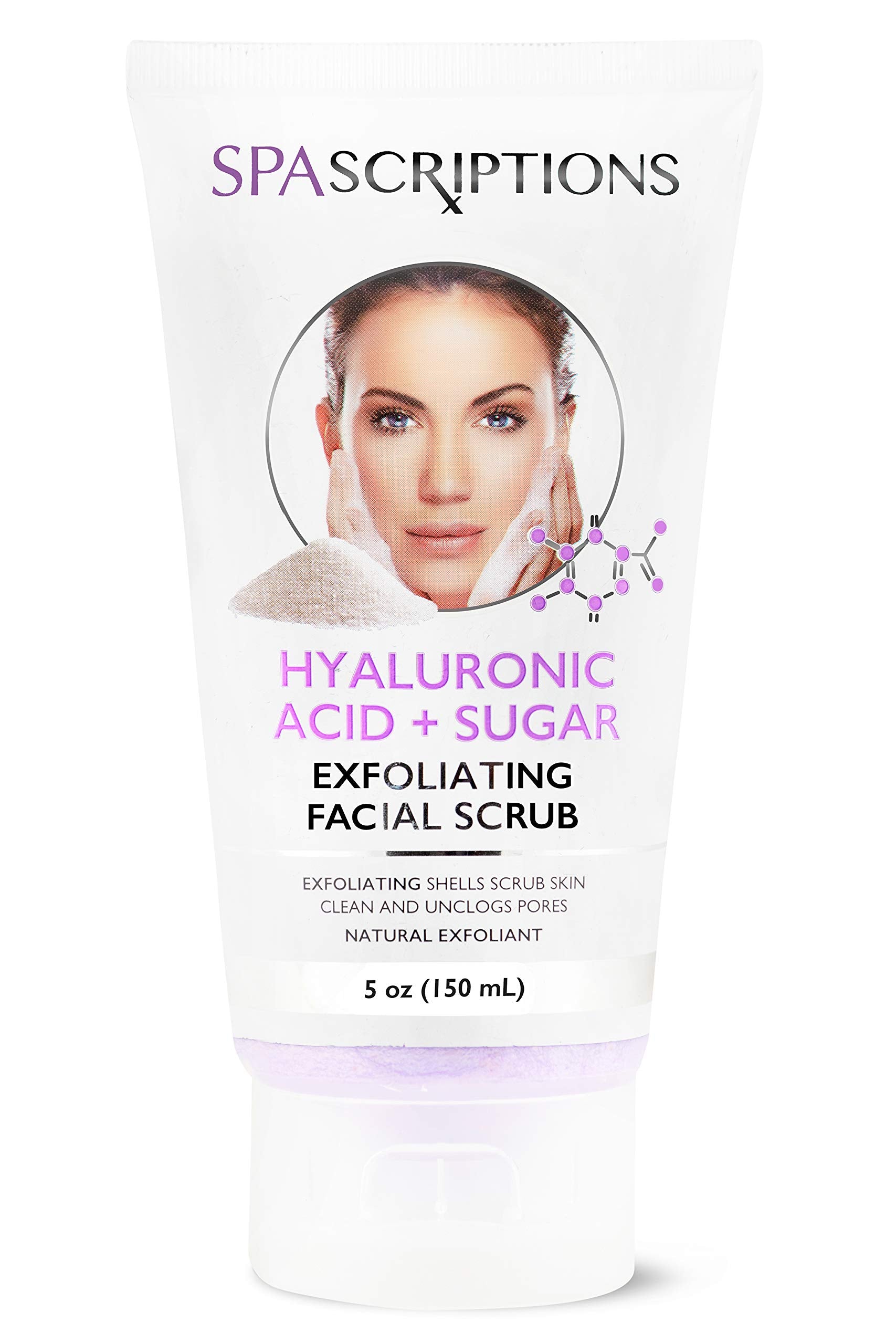 SpaScriptions Face Scrub Hyaluronic Acid Sugar closeup highlighting hydrating exfoliation.