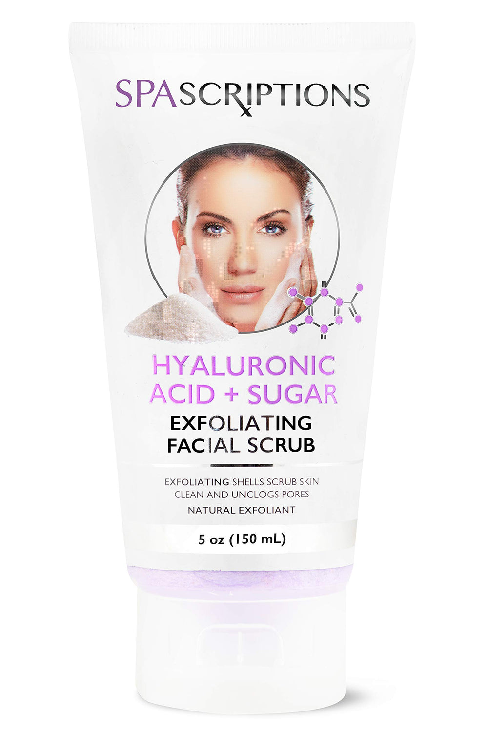 SpaScriptions Face Scrub Hyaluronic Acid Sugar closeup highlighting hydrating exfoliation.