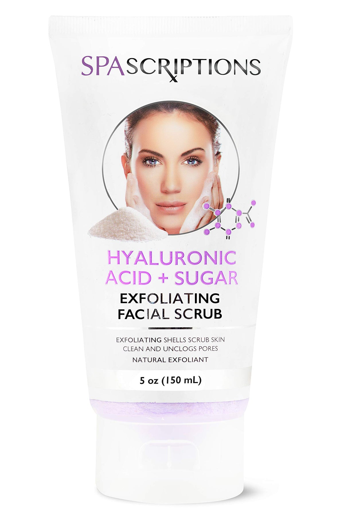 SpaScriptions Face Scrub Hyaluronic Acid Sugar closeup highlighting hydrating exfoliation.