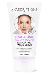 SpaScriptions Face Scrub Hyaluronic Acid Sugar closeup highlighting hydrating exfoliation.