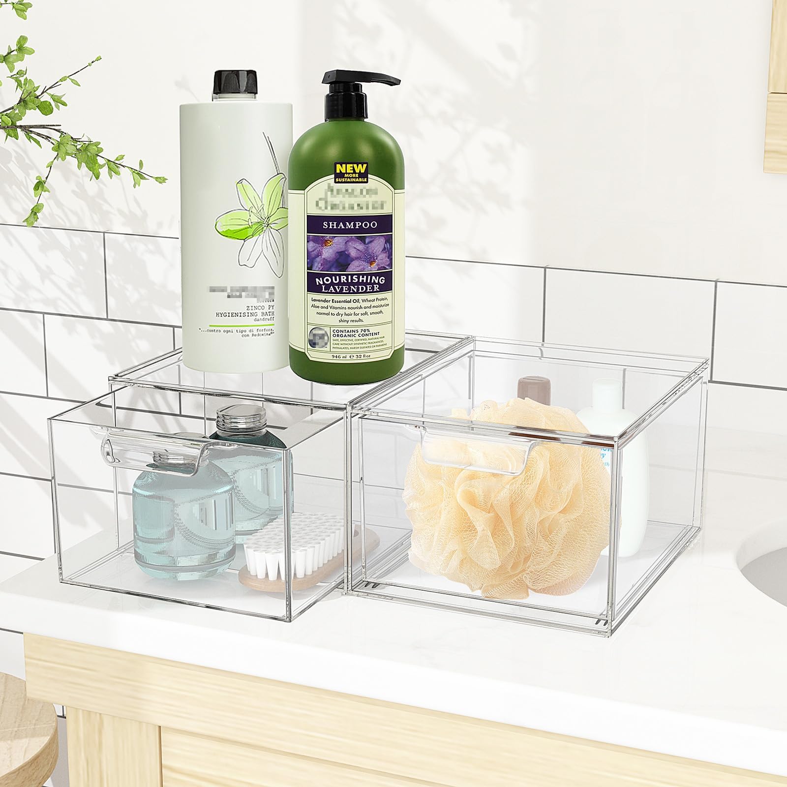 SpaceHacks clear acrylic storage drawer vanity offers quick visibility of items.