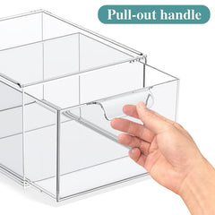 SpaceHacks stackable acrylic organizers allow vertical or side-by-side setups for space-saving organization.