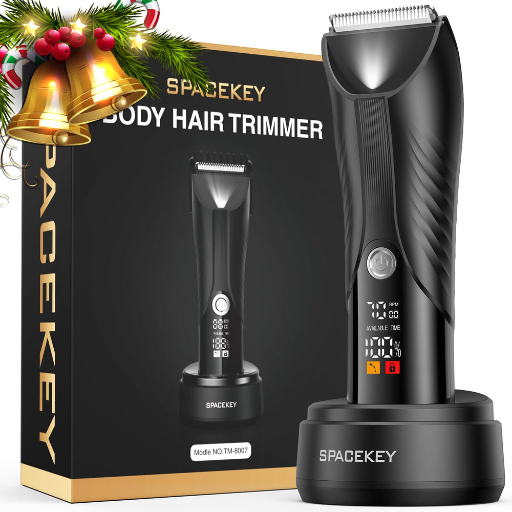Spacekey electric body hair trimmer led-light closeup for precise grooming in dim rooms.