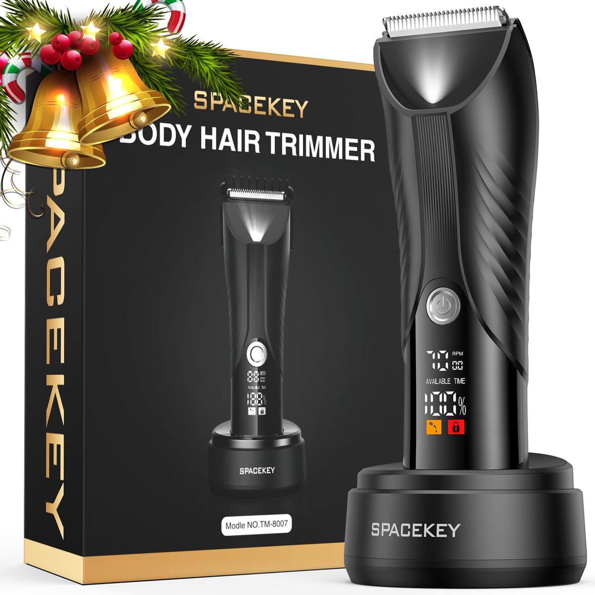 Spacekey electric body hair trimmer led-light closeup for precise grooming in dim rooms.