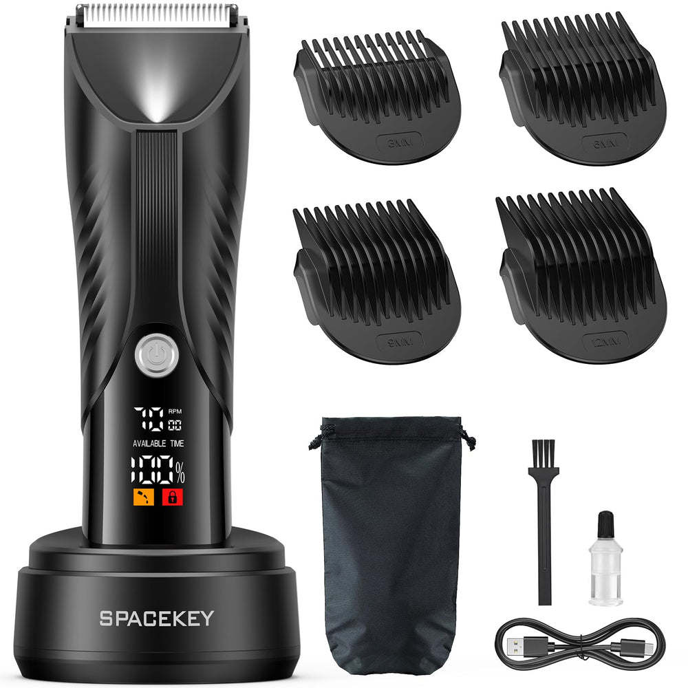 Spacekey electric body hair trimmer wet-dry-use in shower enables convenient grooming with easy cleanup.