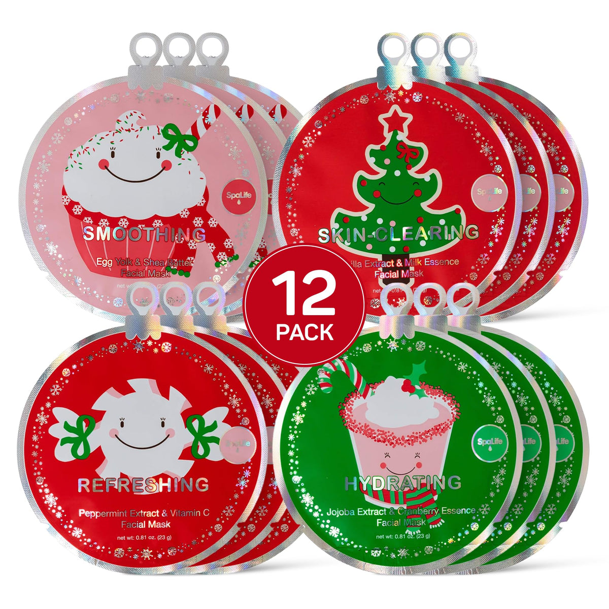 SpaLife Christmas face mask bundle showing four options for hydration, smoothing, refreshing, and balancing skin.
