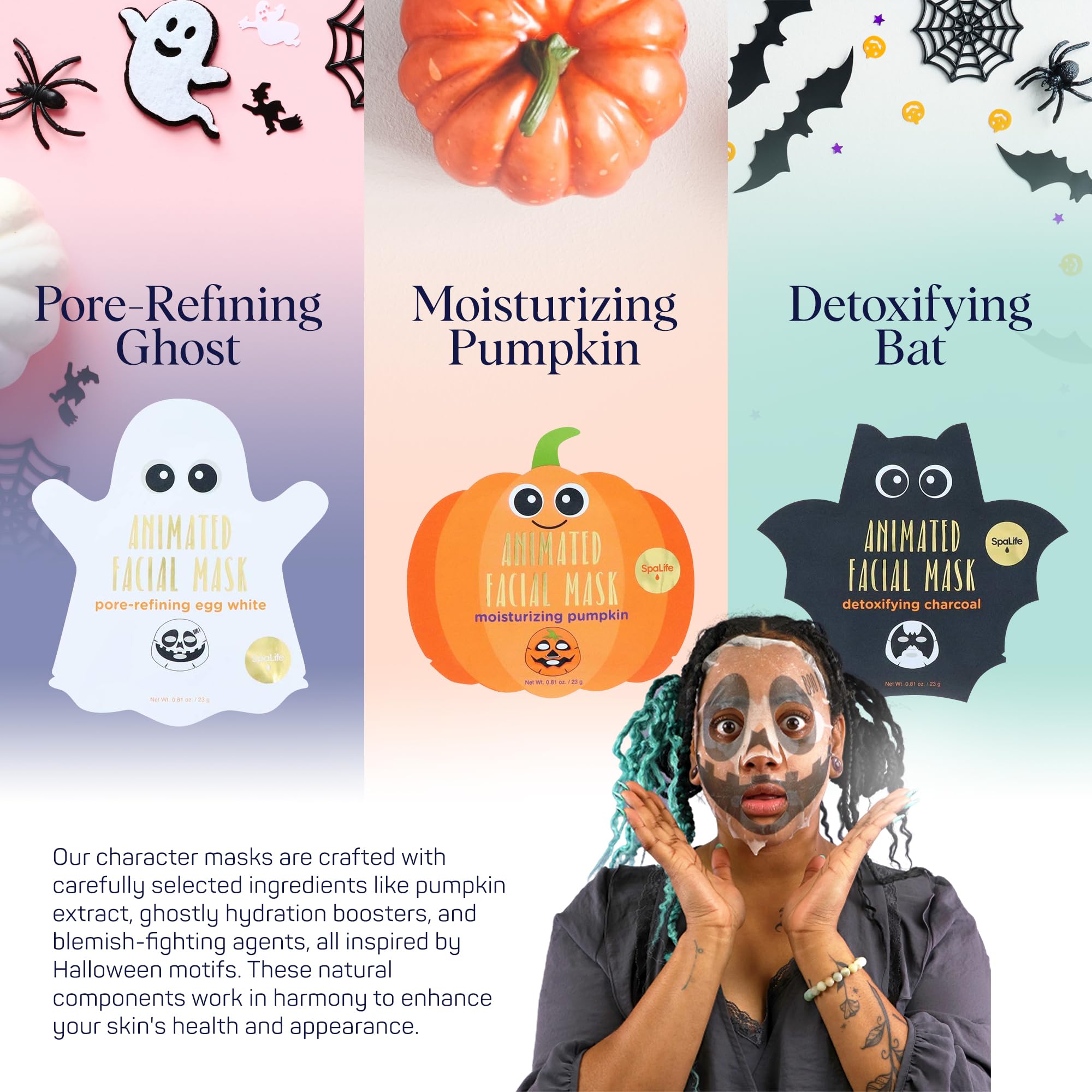 SpaLife Halloween mask packaging image highlighting the three-character bundle.