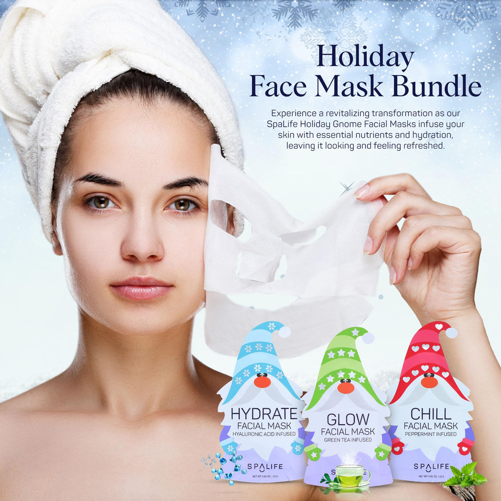 SpaLife Holiday Gnome mask on face after wear reveals refreshed, dewy skin.