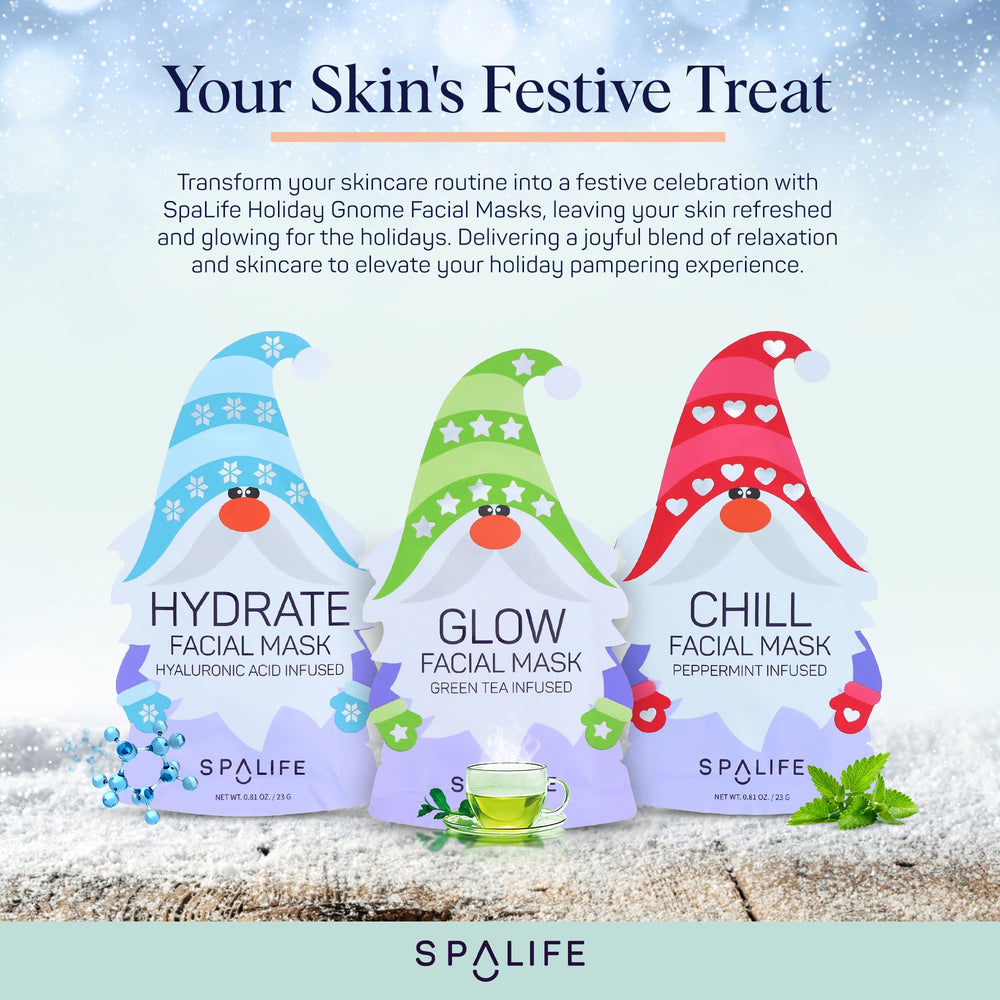 SpaLife Holiday Gnome sheet mask close-up shows hydrating essence for radiant skin.
