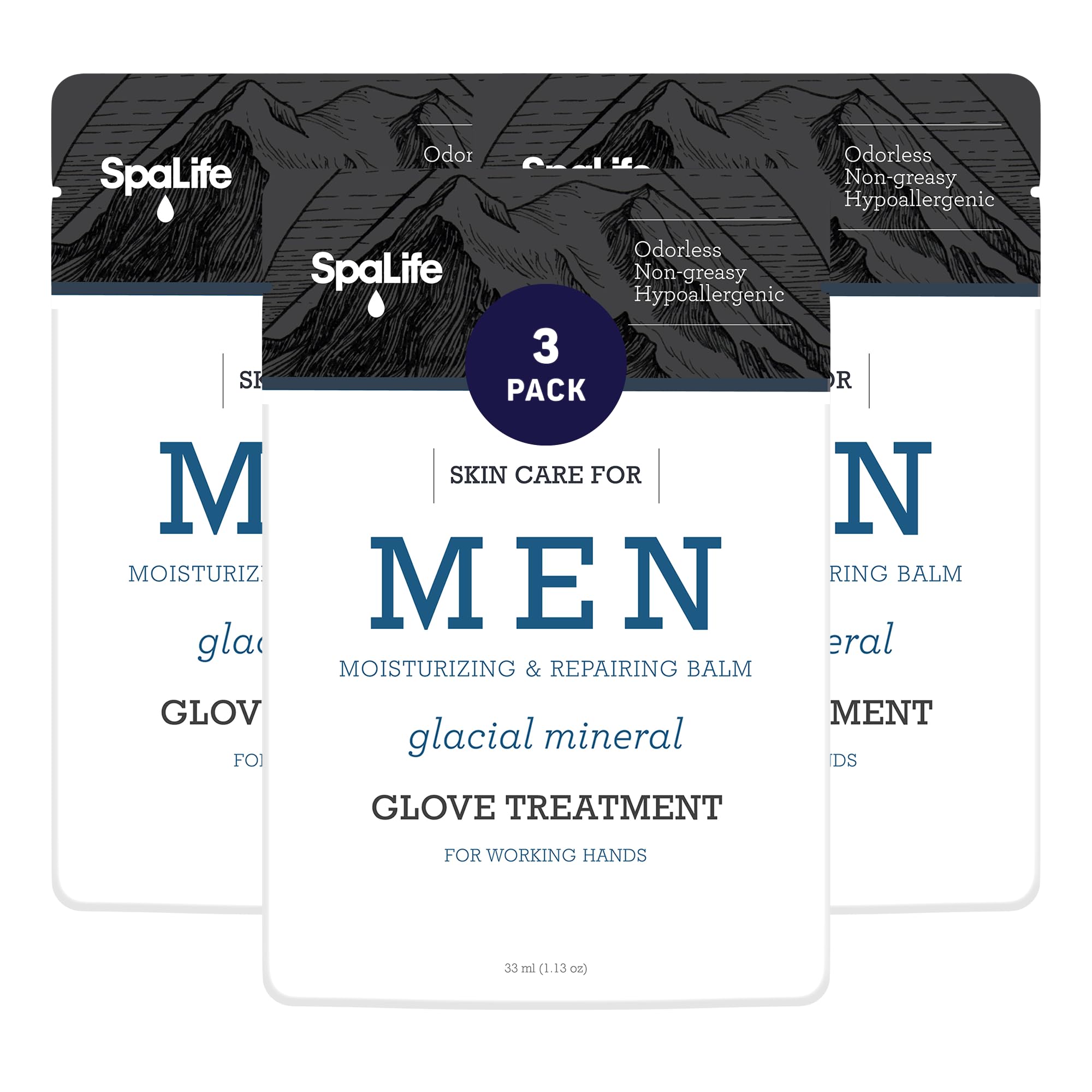 SpaLife Men's Glacial Mineral Balm bottle shows quick, non-greasy hydration for daily hands.