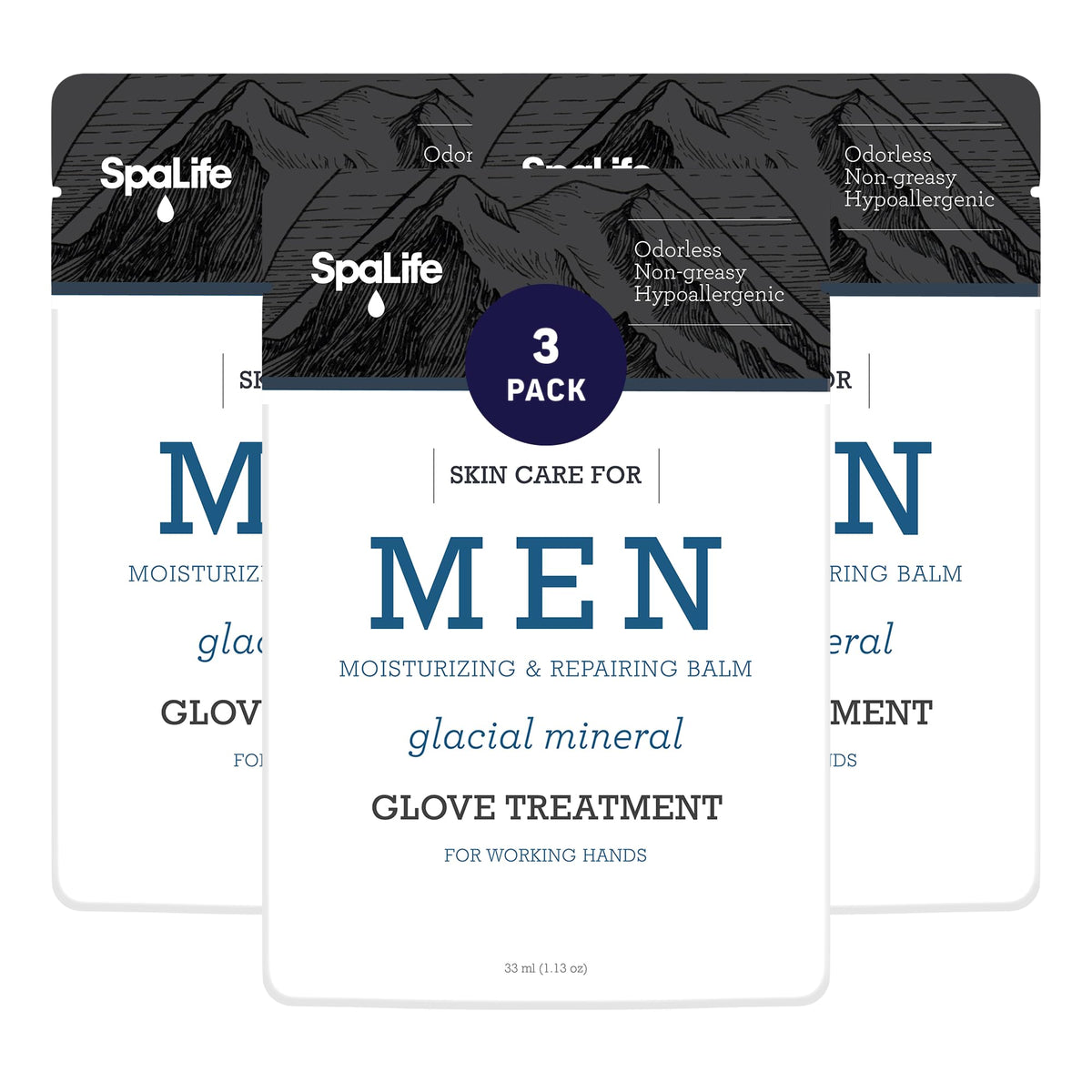 SpaLife Men's Glacial Mineral Balm bottle shows quick, non-greasy hydration for daily hands.