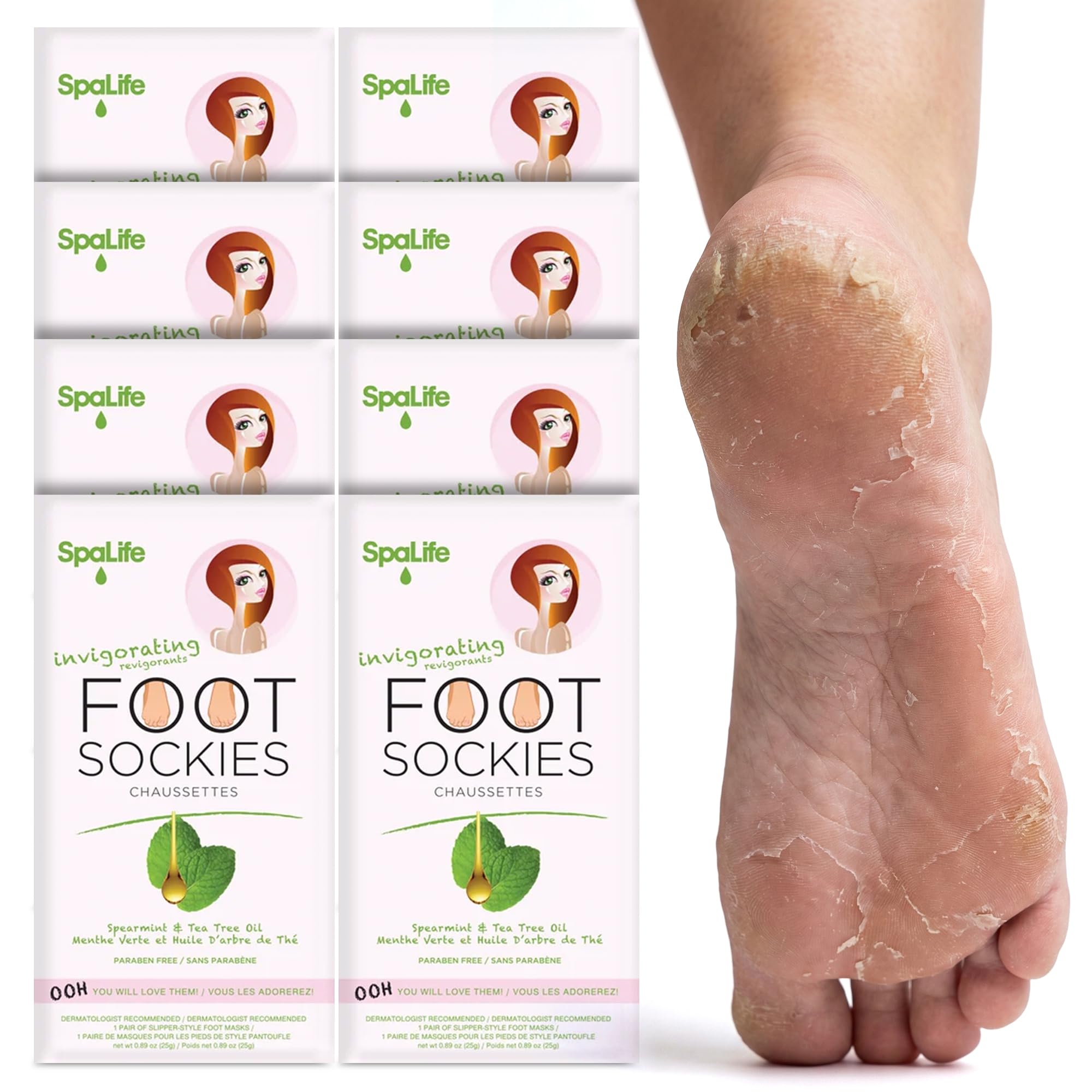 SpaLife moisturizing foot mask packaging closeup highlights spa-grade hydration for dry feet.